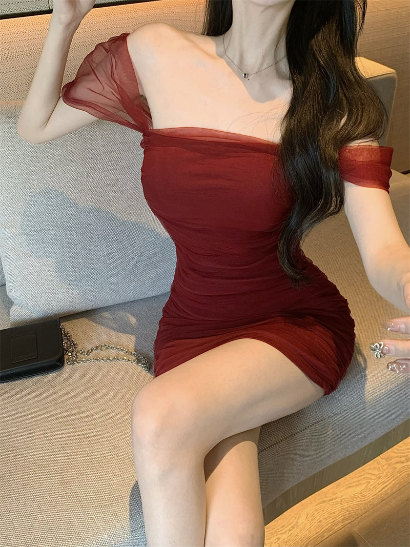 Zllkl Jianna Solid Color Square Neck Mesh Short-Sleeved Slim Mini Dress