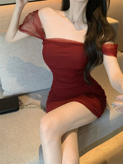 Zllkl Jianna Solid Color Square Neck Mesh Short-Sleeved Slim Mini Dress