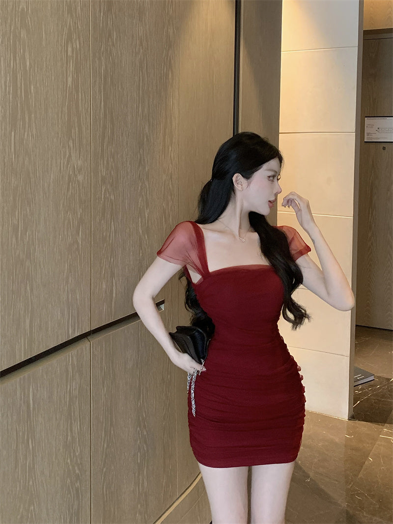 Zllkl Jianna Solid Color Square Neck Mesh Short-Sleeved Slim Mini Dress