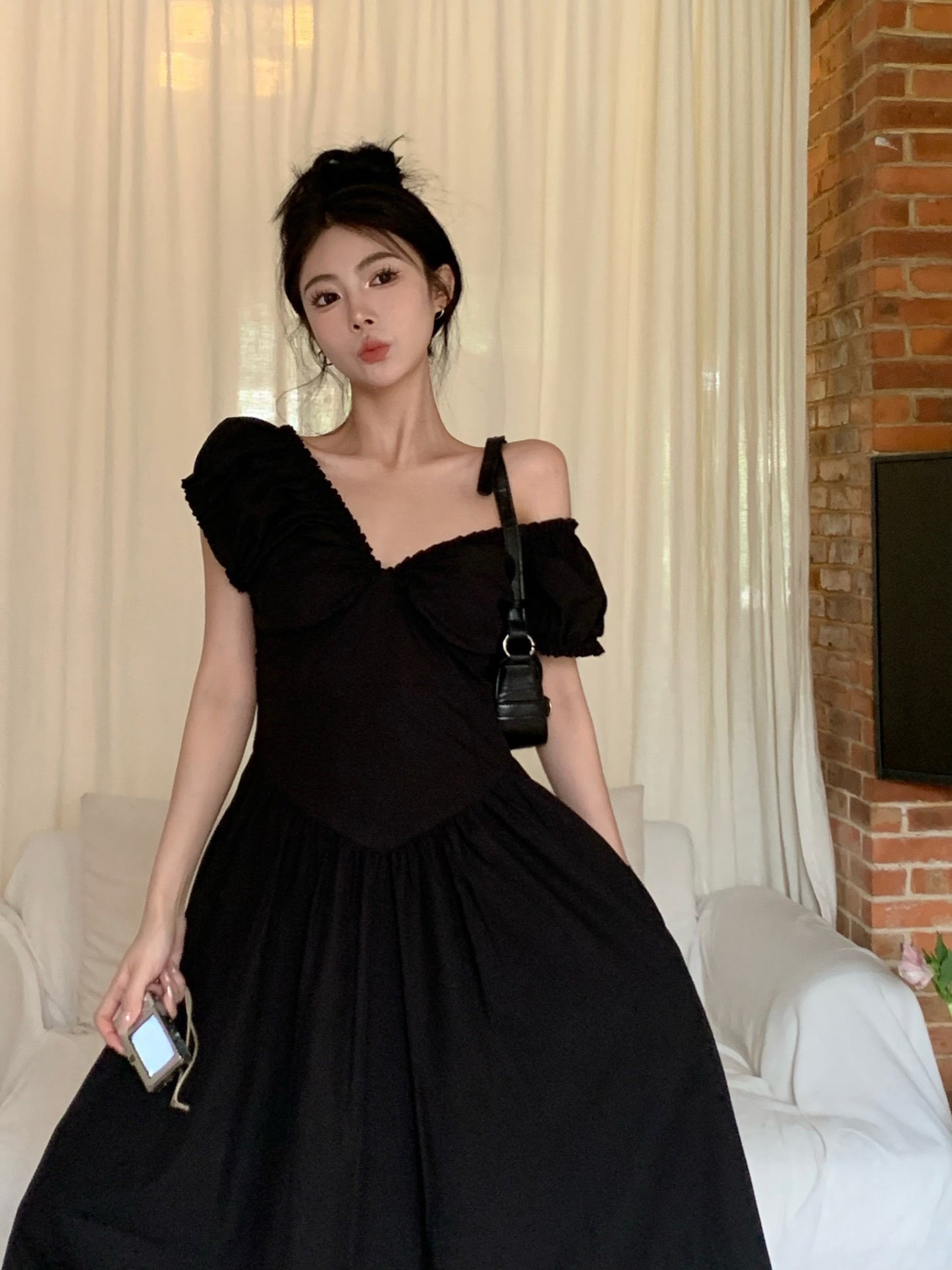 Zllkl Zianna Solid Color French V-neck Puff Short Sleeve Ruffled A-Line Long Maxi Dress