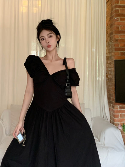 Zllkl Zianna Solid Color French V-neck Puff Short Sleeve Ruffled A-Line Long Maxi Dress