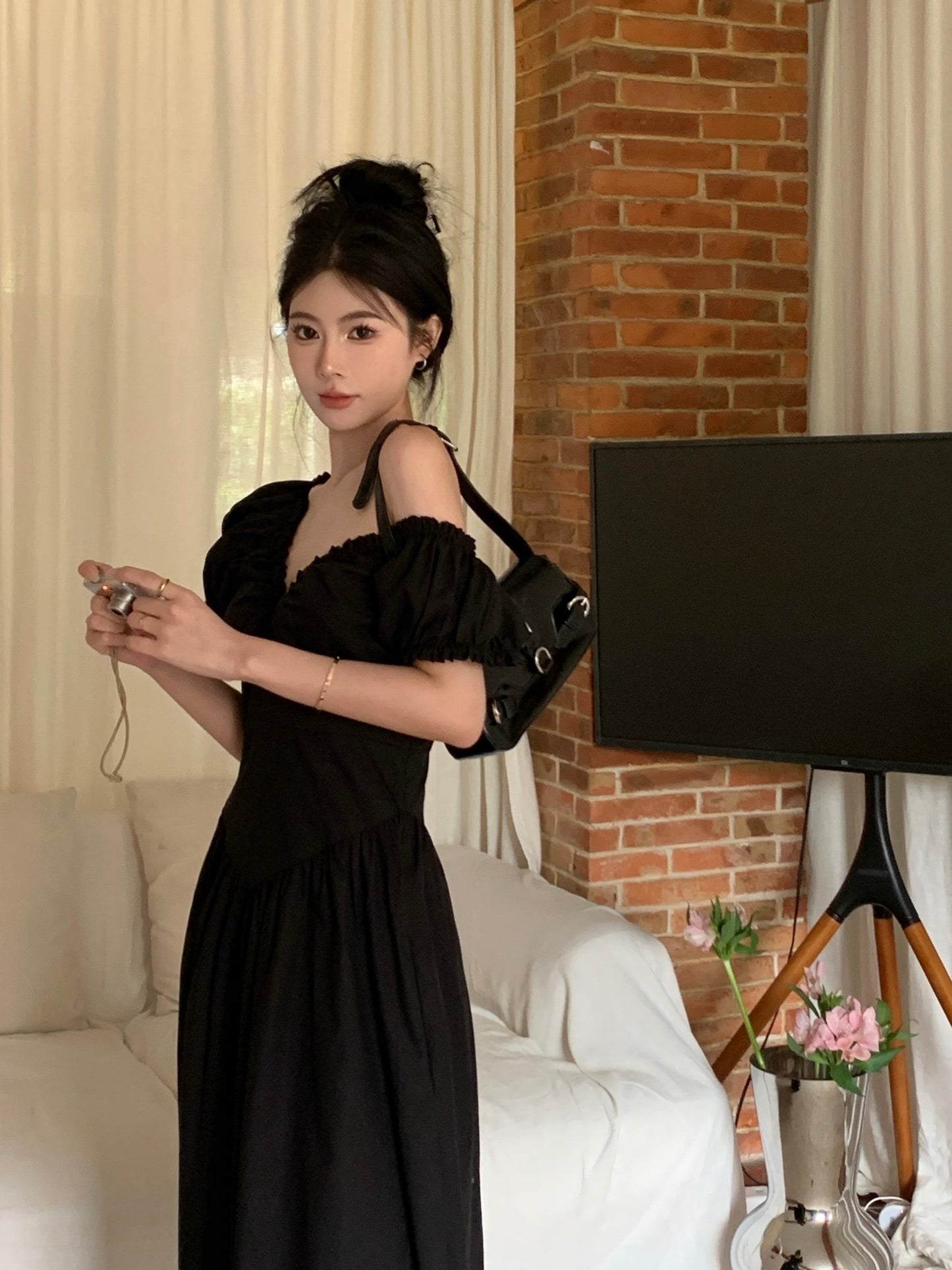 Zllkl Zianna Solid Color French V-neck Puff Short Sleeve Ruffled A-Line Long Maxi Dress