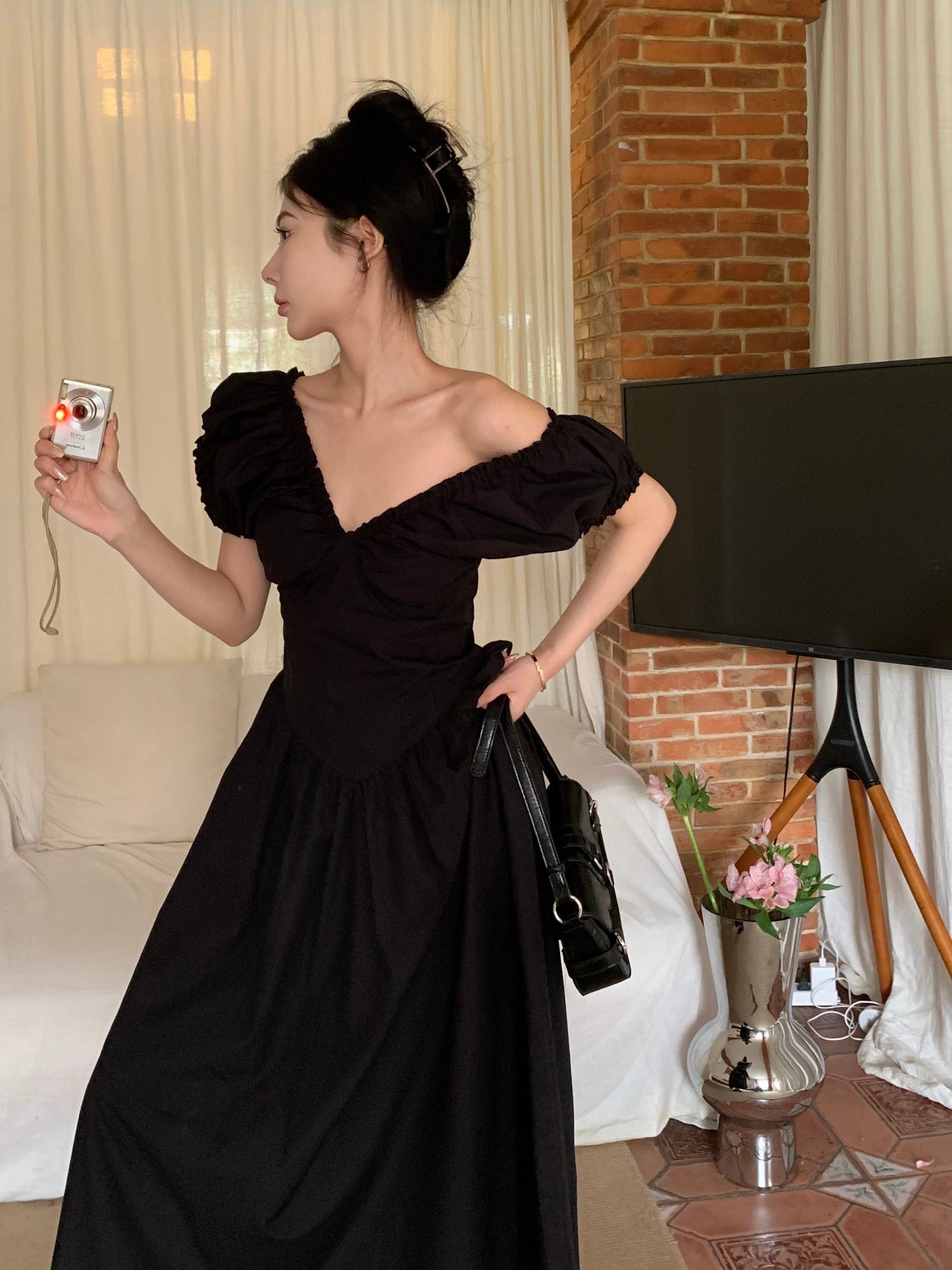 Zllkl Zianna Solid Color French V-neck Puff Short Sleeve Ruffled A-Line Long Maxi Dress