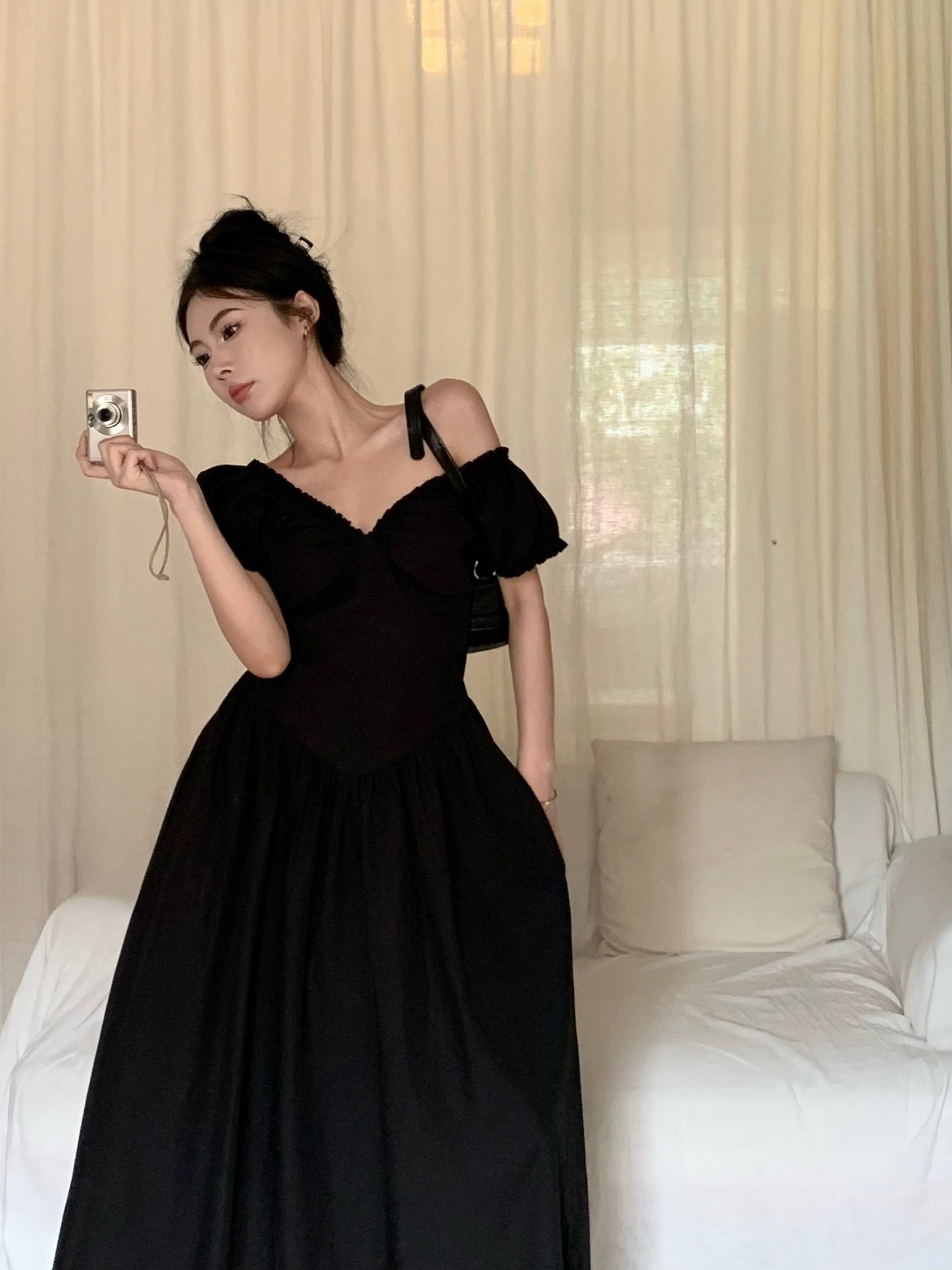 Zllkl Zianna Solid Color French V-neck Puff Short Sleeve Ruffled A-Line Long Maxi Dress