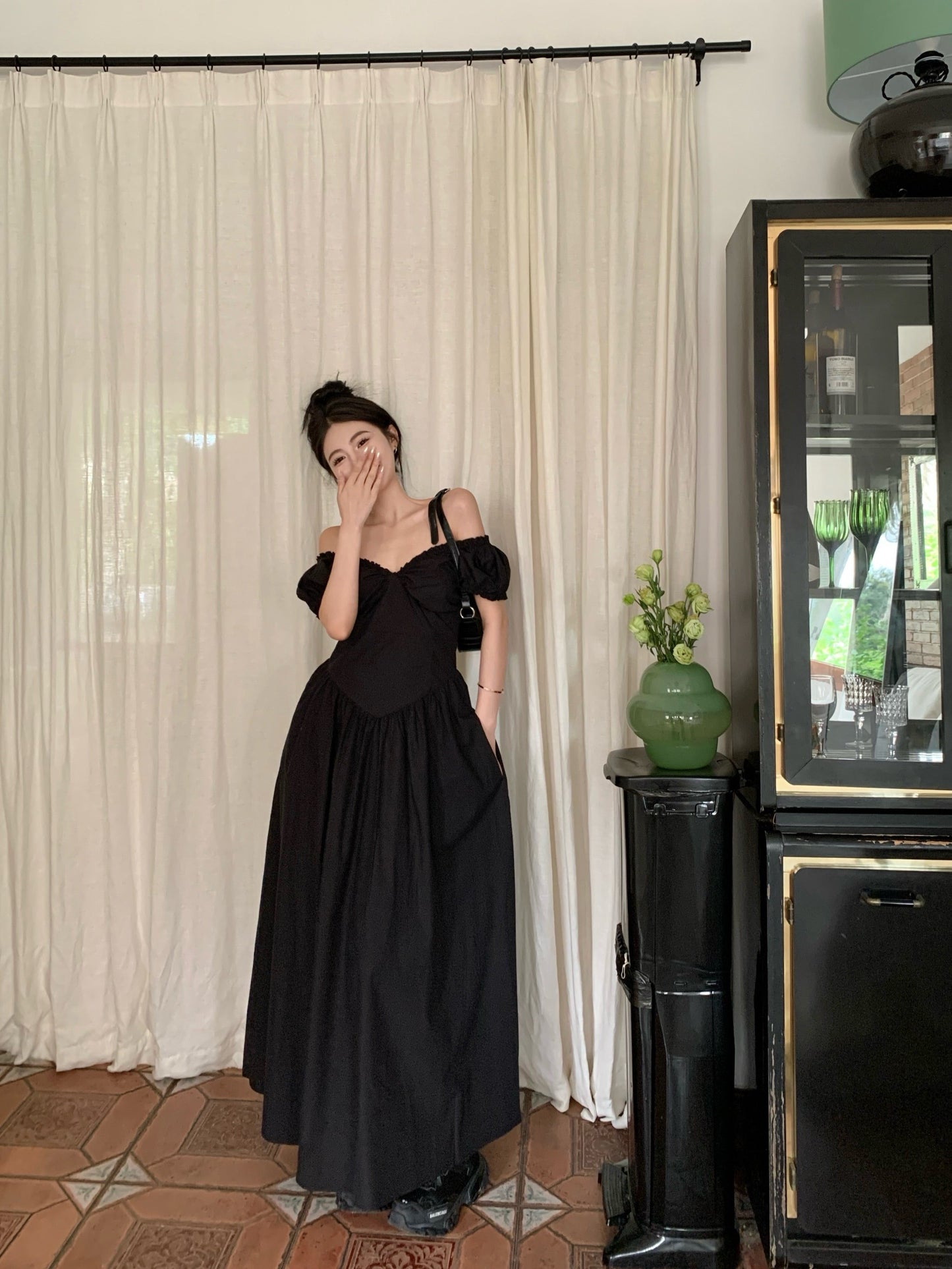 Zllkl Zianna Solid Color French V-neck Puff Short Sleeve Ruffled A-Line Long Maxi Dress