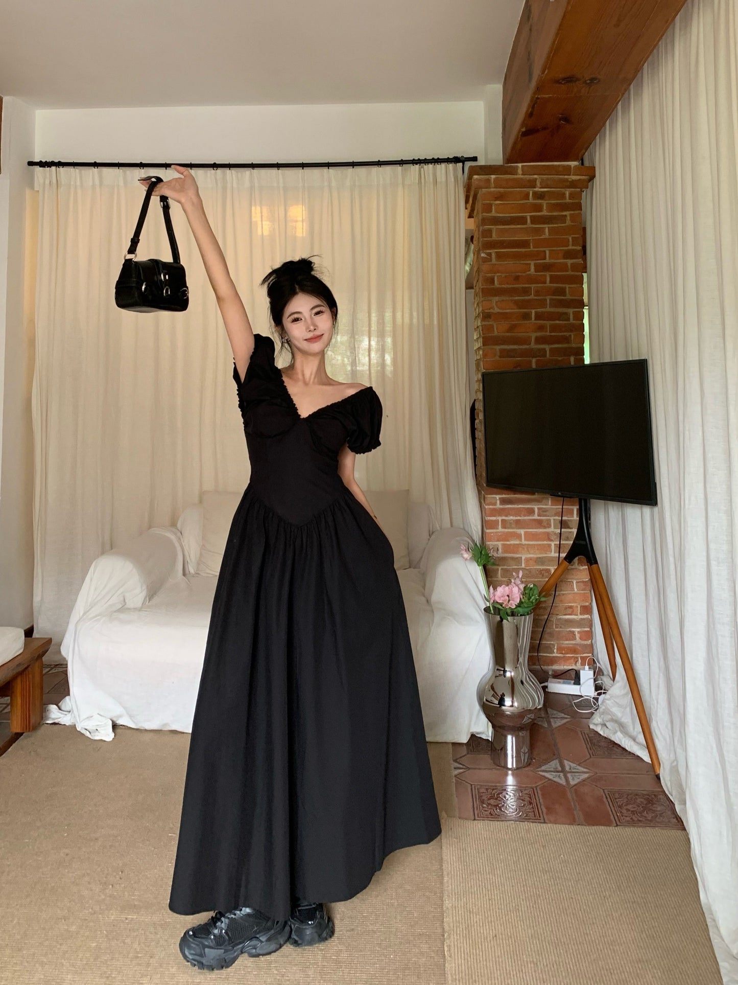 Zllkl Zianna Solid Color French V-neck Puff Short Sleeve Ruffled A-Line Long Maxi Dress