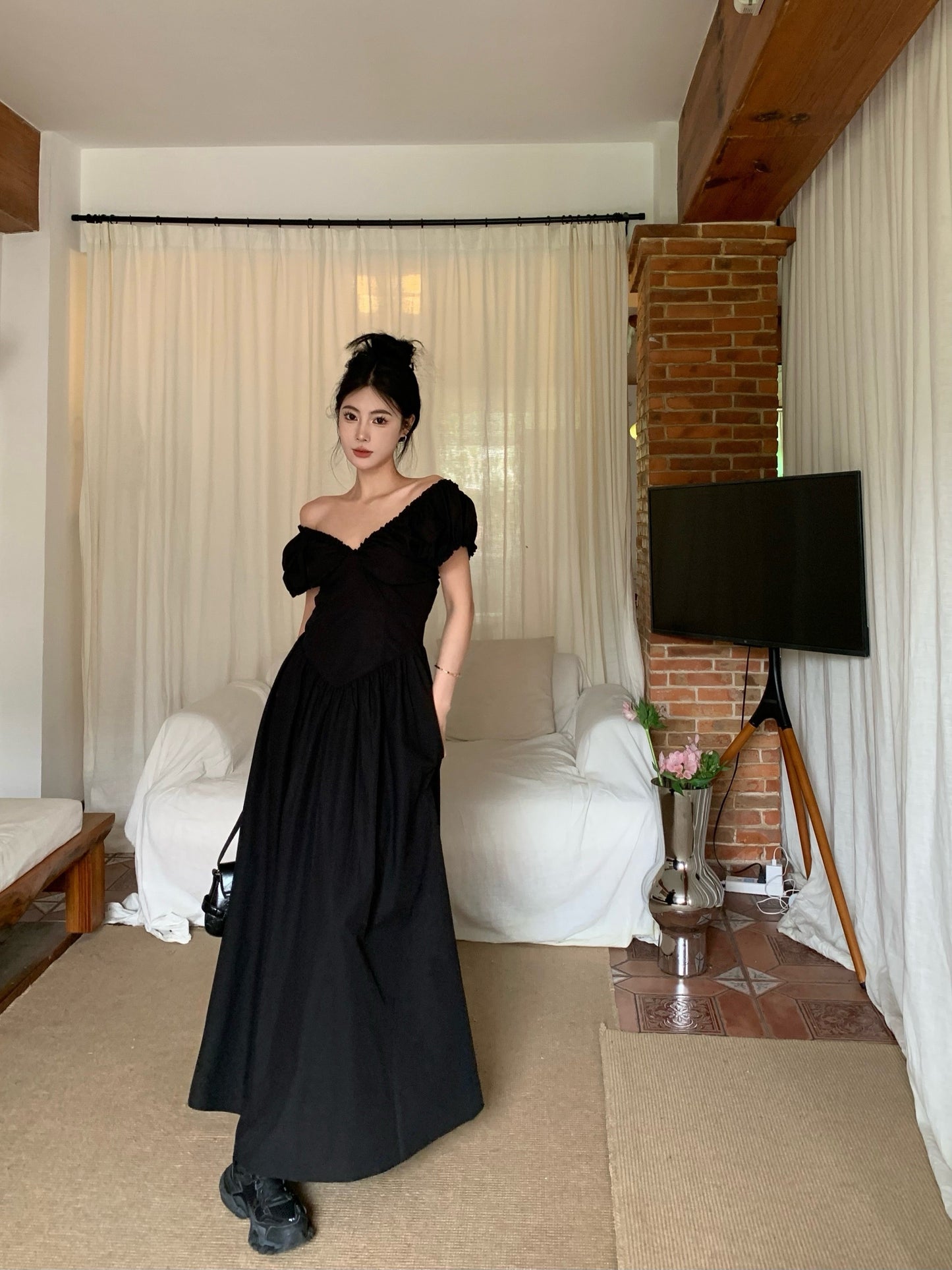 Zllkl Zianna Solid Color French V-neck Puff Short Sleeve Ruffled A-Line Long Maxi Dress
