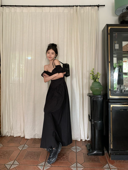 Zllkl Zianna Solid Color French V-neck Puff Short Sleeve Ruffled A-Line Long Maxi Dress