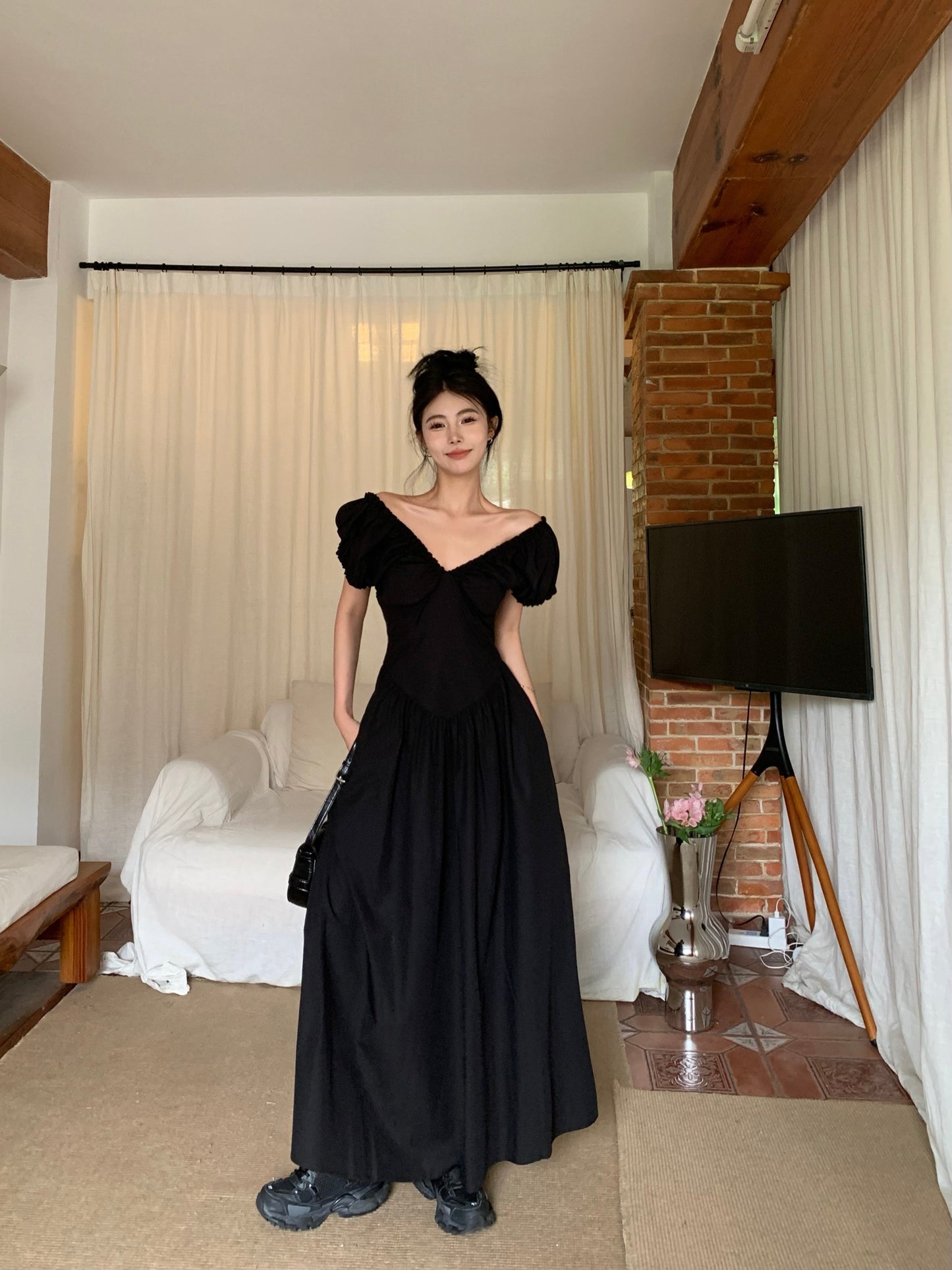 Zllkl Zianna Solid Color French V-neck Puff Short Sleeve Ruffled A-Line Long Maxi Dress