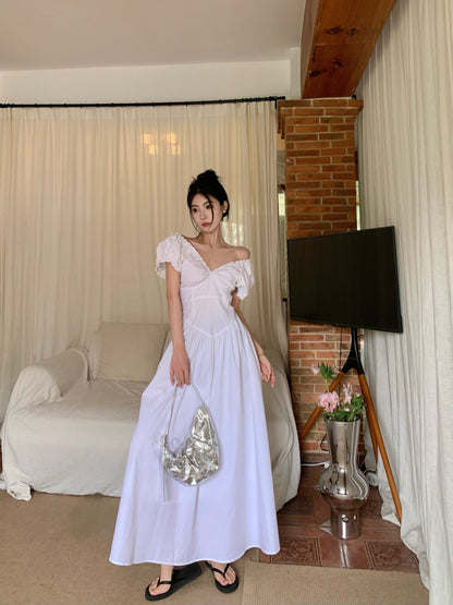 Zllkl Zianna Solid Color French V-neck Puff Short Sleeve Ruffled A-Line Long Maxi Dress