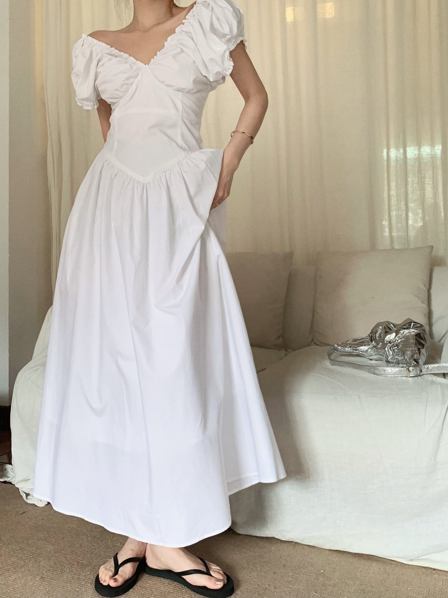 Zllkl Zianna Solid Color French V-neck Puff Short Sleeve Ruffled A-Line Long Maxi Dress