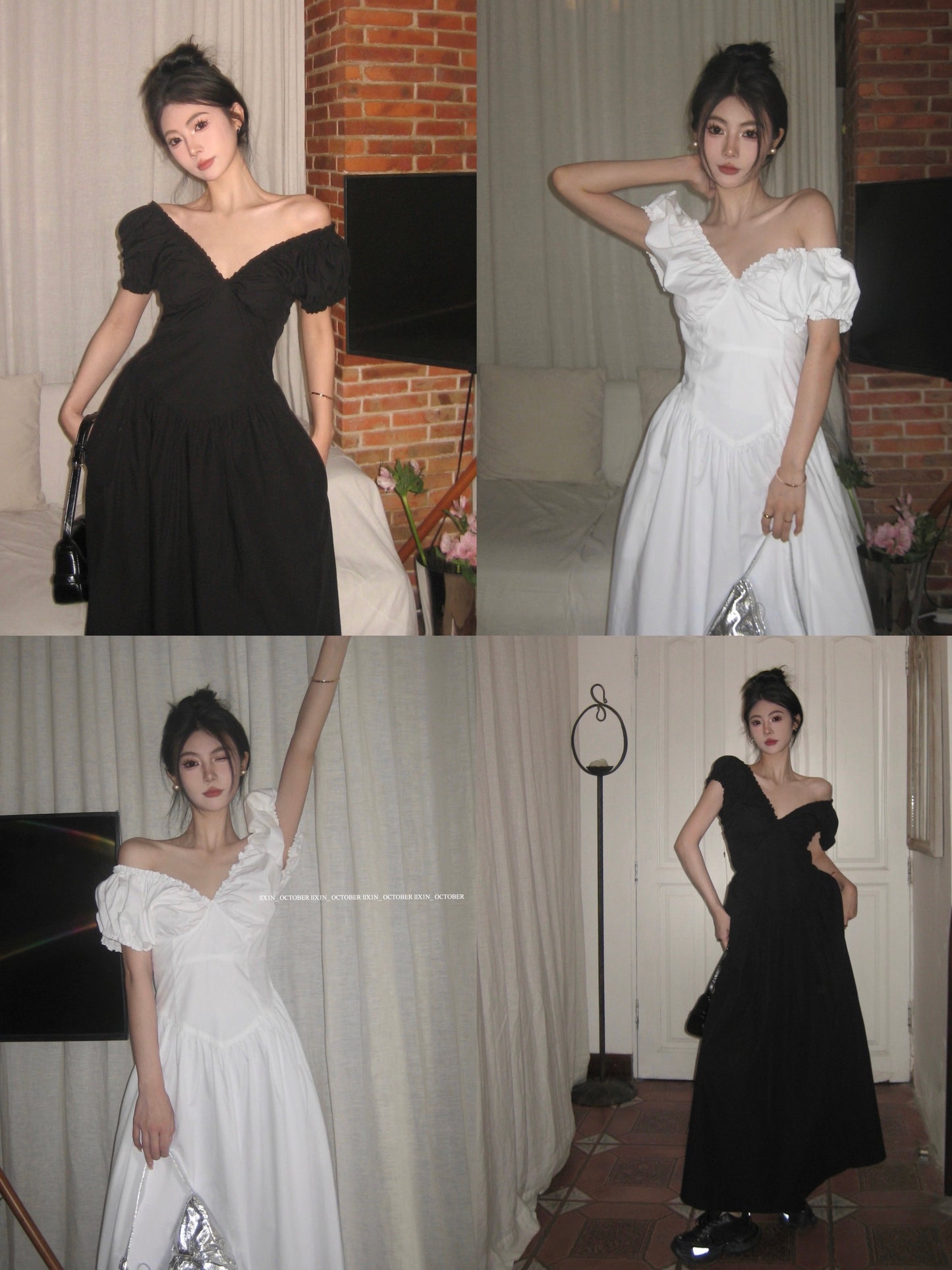 Zllkl Zianna Solid Color French V-neck Puff Short Sleeve Ruffled A-Line Long Maxi Dress