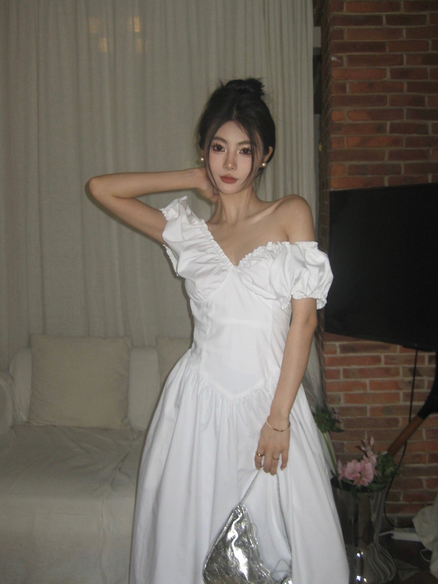 Zllkl Zianna Solid Color French V-neck Puff Short Sleeve Ruffled A-Line Long Maxi Dress