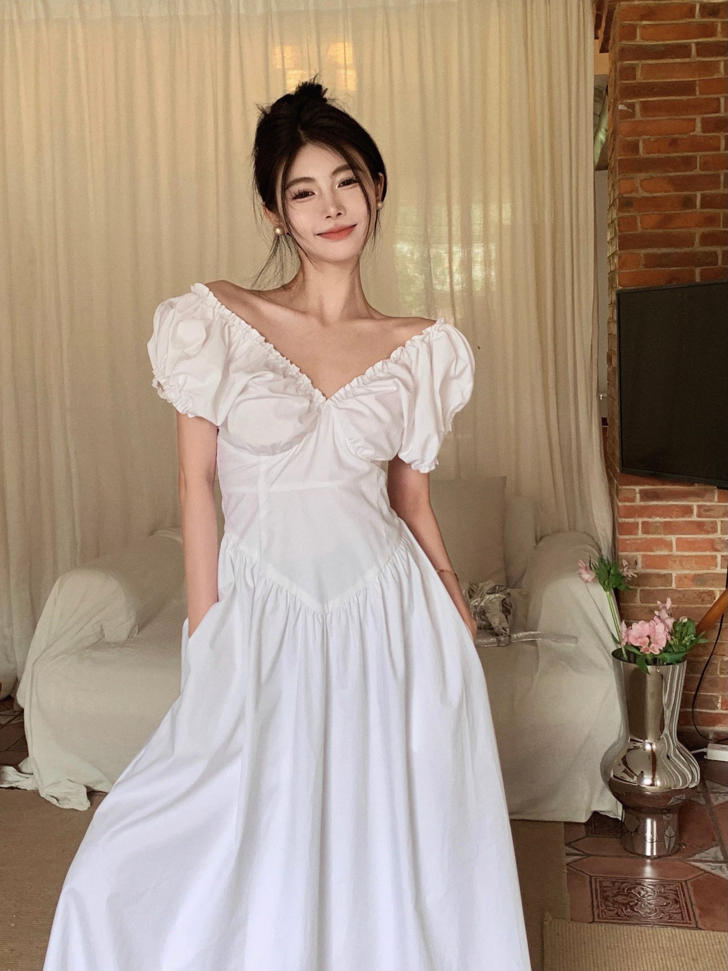 Zllkl Zianna Solid Color French V-neck Puff Short Sleeve Ruffled A-Line Long Maxi Dress