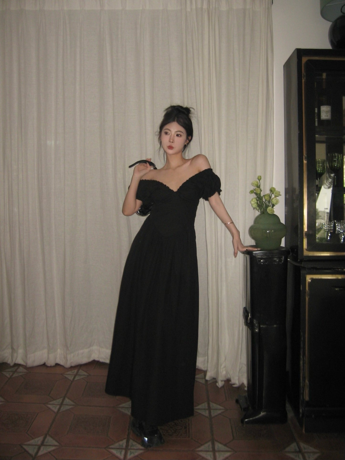 Zllkl Zianna Solid Color French V-neck Puff Short Sleeve Ruffled A-Line Long Maxi Dress