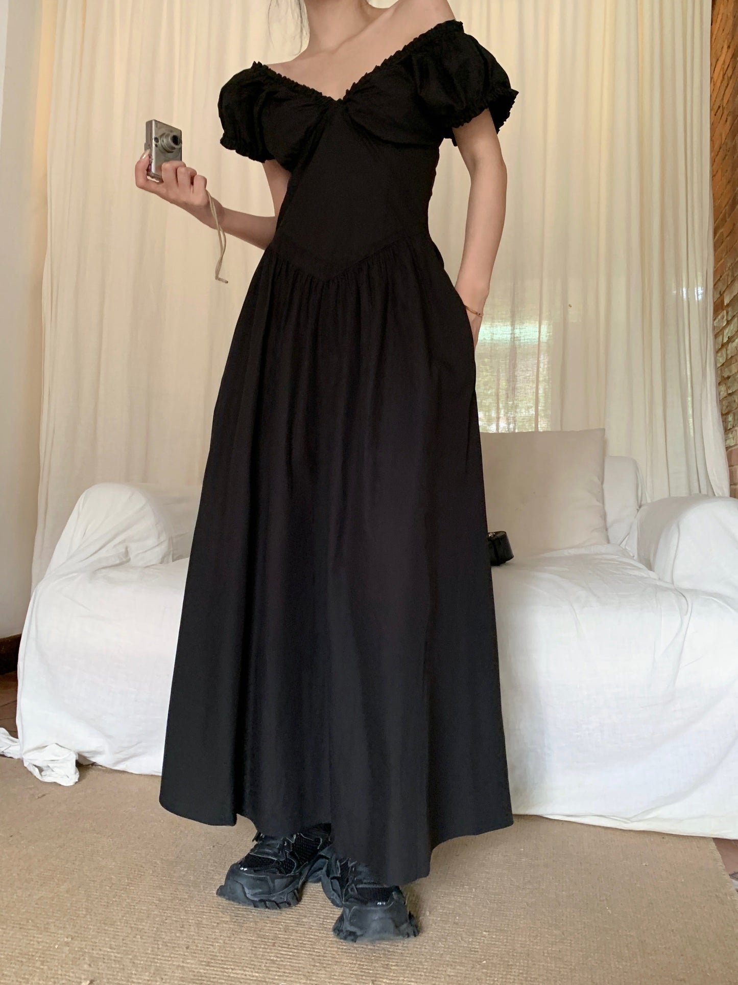 Zllkl Zianna Solid Color French V-neck Puff Short Sleeve Ruffled A-Line Long Maxi Dress