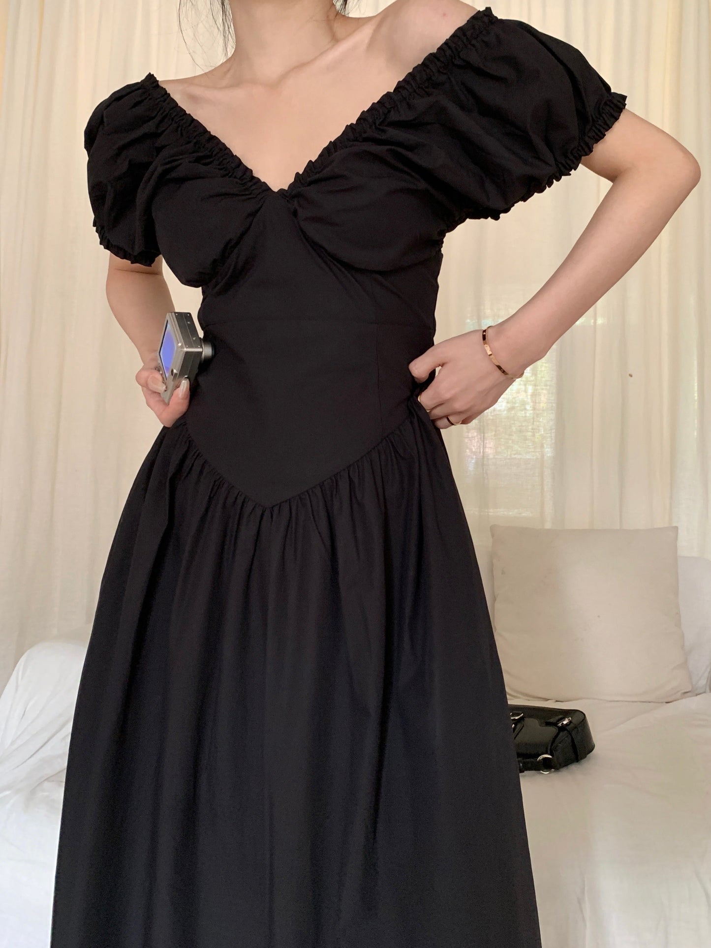 Zllkl Zianna Solid Color French V-neck Puff Short Sleeve Ruffled A-Line Long Maxi Dress