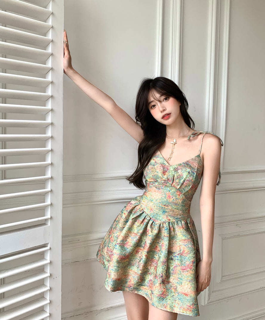 Zllkl Laura Green Floral Slip V-Neck Small Waist Puffy Pleated Mini Dress