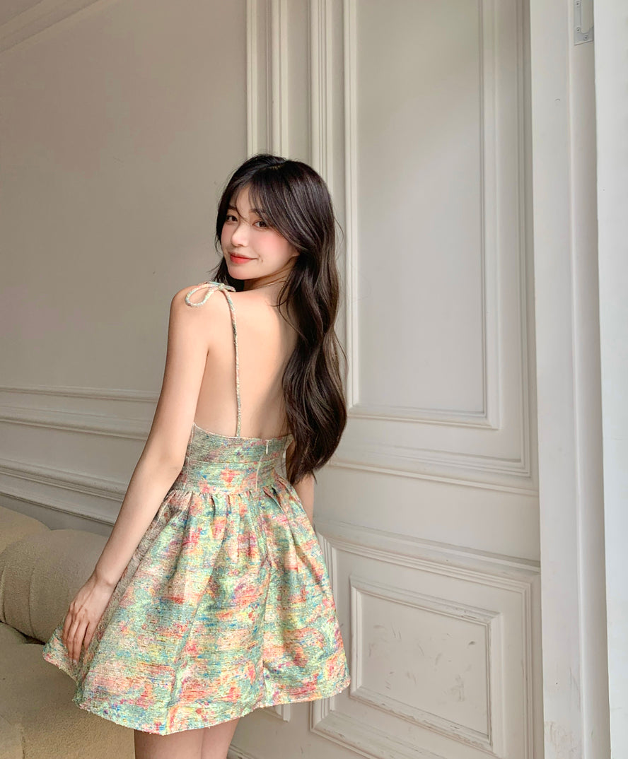 Zllkl Laura Green Floral Slip V-Neck Small Waist Puffy Pleated Mini Dress