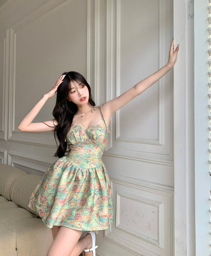 Zllkl Laura Green Floral Slip V-Neck Small Waist Puffy Pleated Mini Dress