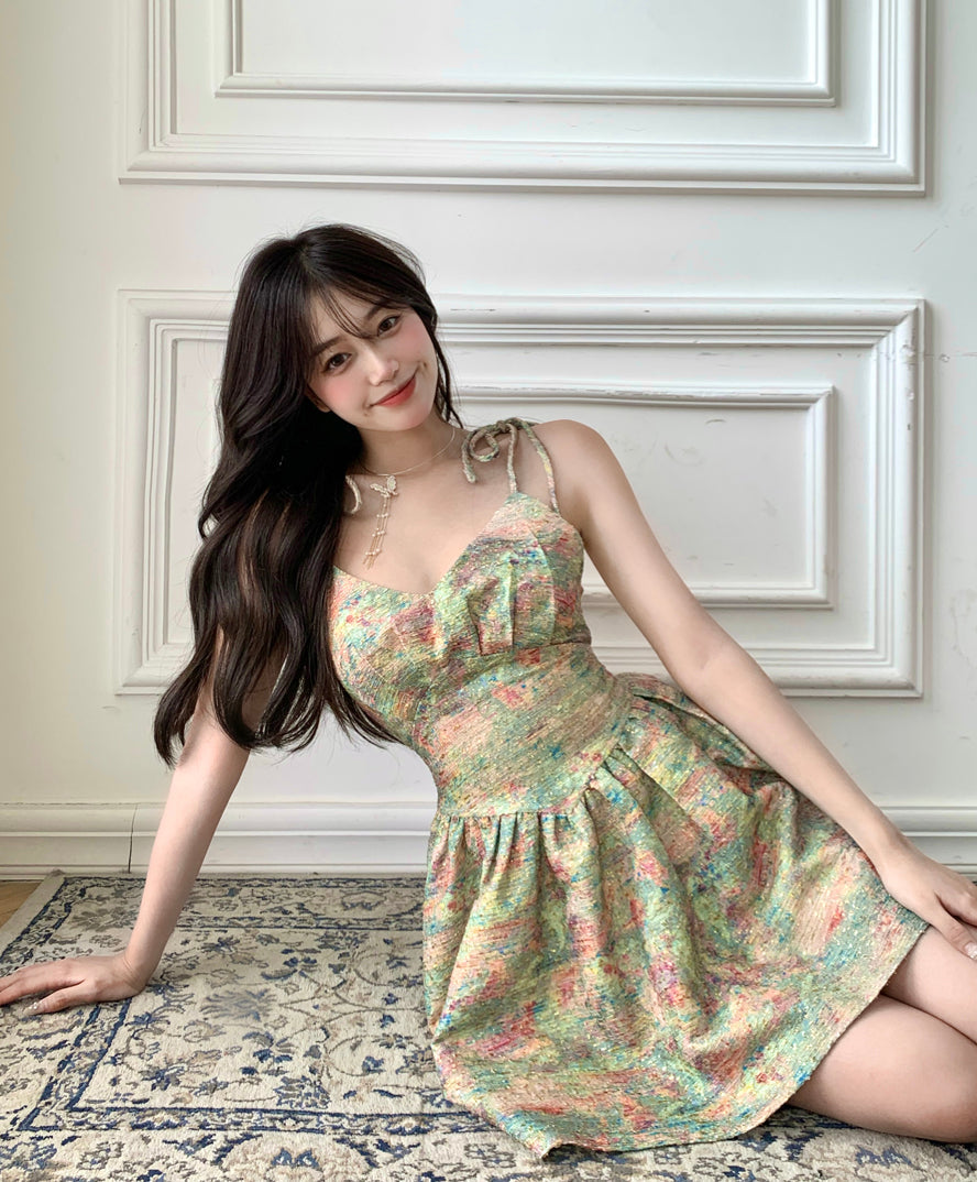 Zllkl Laura Green Floral Slip V-Neck Small Waist Puffy Pleated Mini Dress
