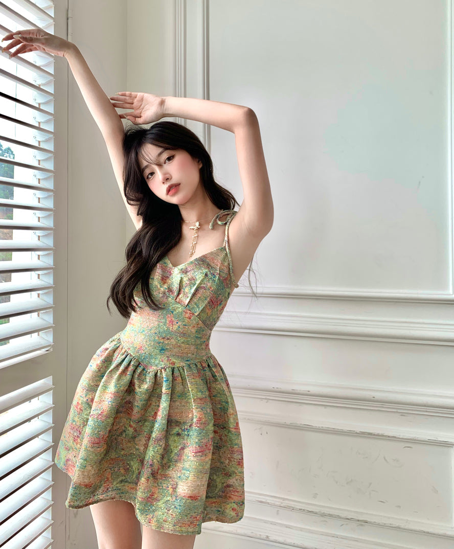 Zllkl Laura Green Floral Slip V-Neck Small Waist Puffy Pleated Mini Dress
