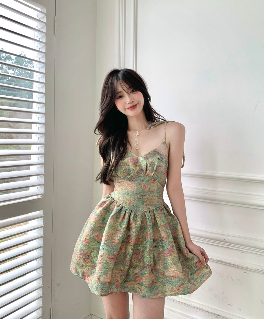 Zllkl Laura Green Floral Slip V-Neck Small Waist Puffy Pleated Mini Dress