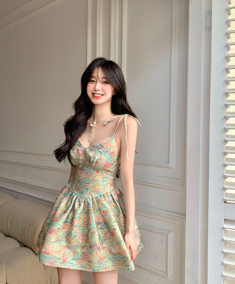 Zllkl Laura Green Floral Slip V-Neck Small Waist Puffy Pleated Mini Dress