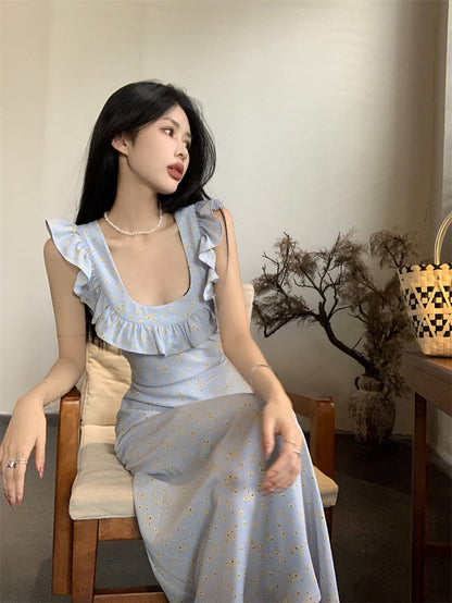 Zllkl Kia Solid Color Blue Floral Square Neck Slip Wide Ruffle Flying Sleeve Backless A-Line Long Dress