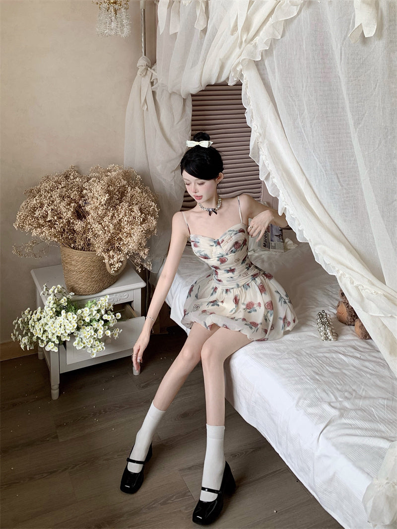 Zllkl Marinette White French Oil Painting Floral Slip V-Neck Mini Dress