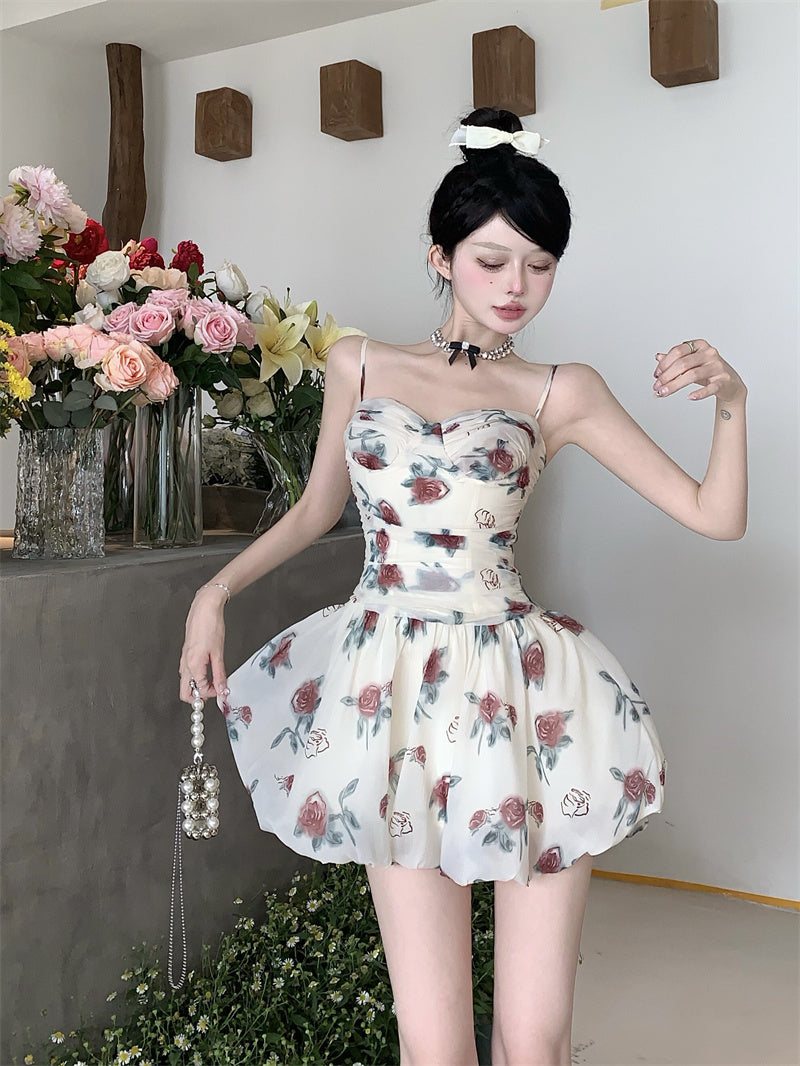 Zllkl Marinette White French Oil Painting Floral Slip V-Neck Mini Dress