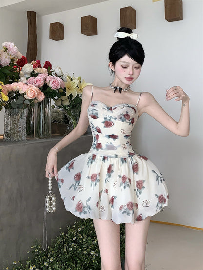 Zllkl Marinette White French Oil Painting Floral Slip V-Neck Mini Dress