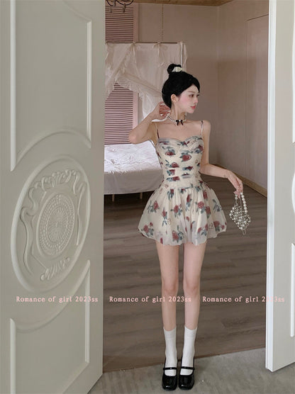 Zllkl Marinette White French Oil Painting Floral Slip V-Neck Mini Dress