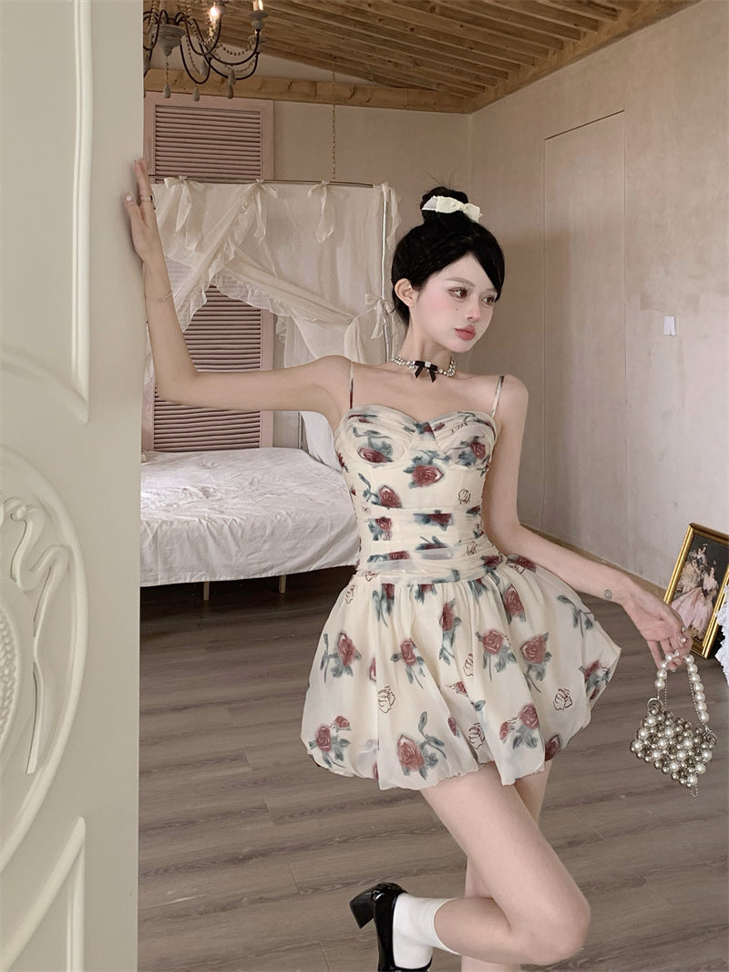 Zllkl Marinette White French Oil Painting Floral Slip V-Neck Mini Dress