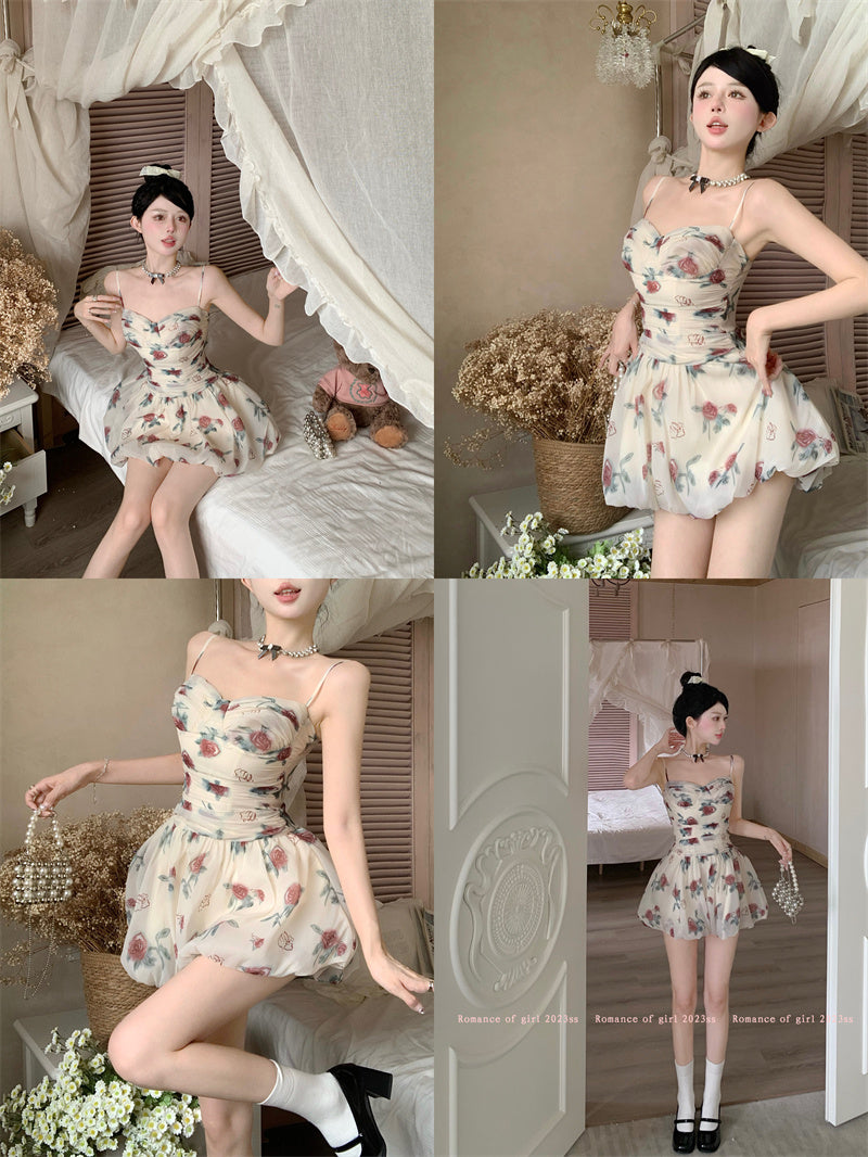 Zllkl Marinette White French Oil Painting Floral Slip V-Neck Mini Dress