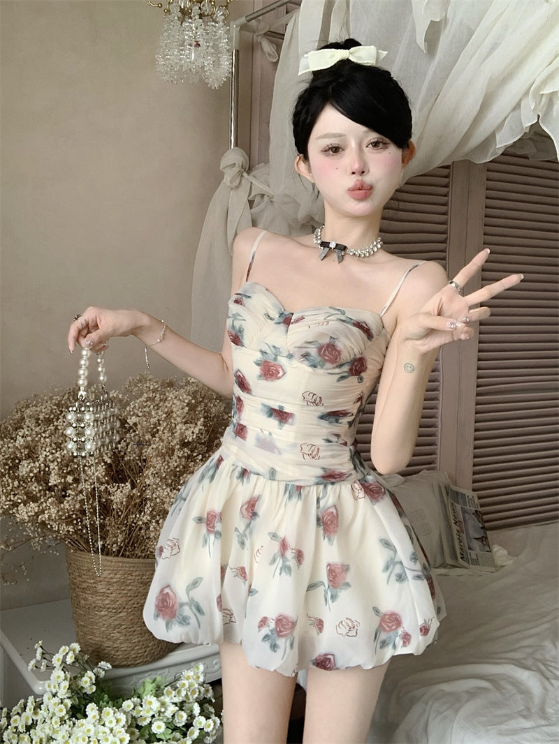 Zllkl Marinette White French Oil Painting Floral Slip V-Neck Mini Dress