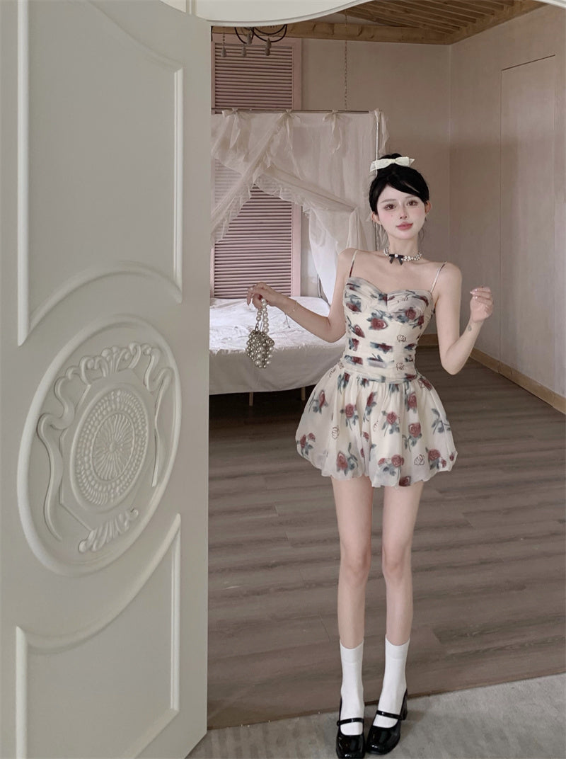 Zllkl Marinette White French Oil Painting Floral Slip V-Neck Mini Dress