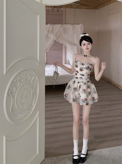 Zllkl Marinette White French Oil Painting Floral Slip V-Neck Mini Dress