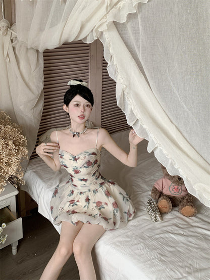 Zllkl Marinette White French Oil Painting Floral Slip V-Neck Mini Dress