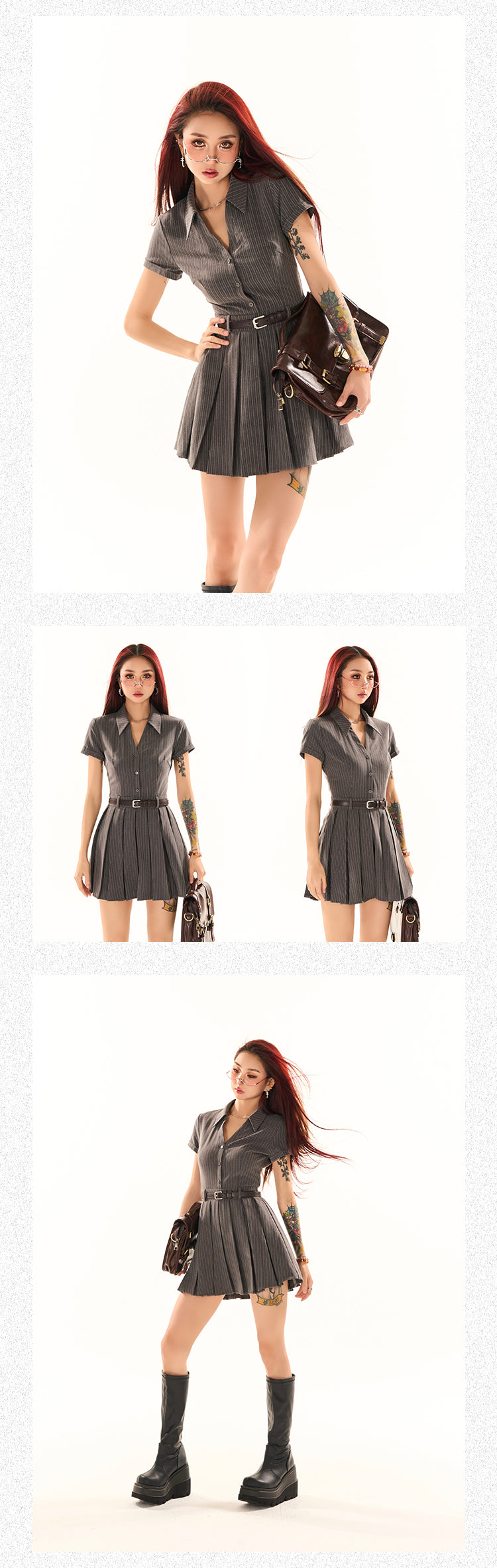 Zllkl Nessa Striped V-Neck Short Sleeve A-Line Waist Belt Pleated Mini Dress