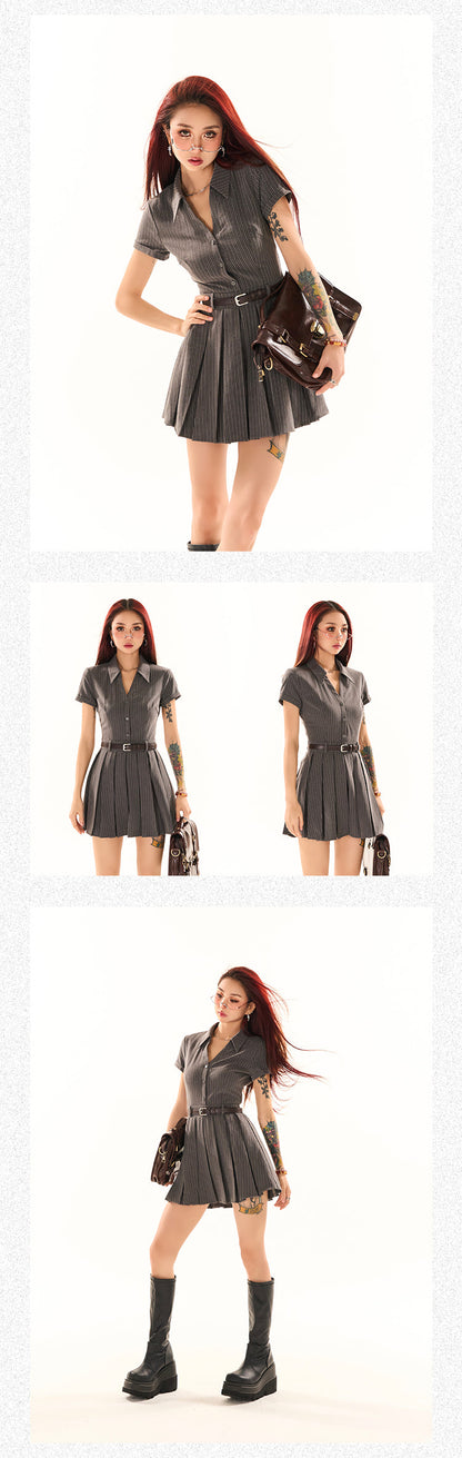 Zllkl Nessa Striped V-Neck Short Sleeve A-Line Waist Belt Pleated Mini Dress