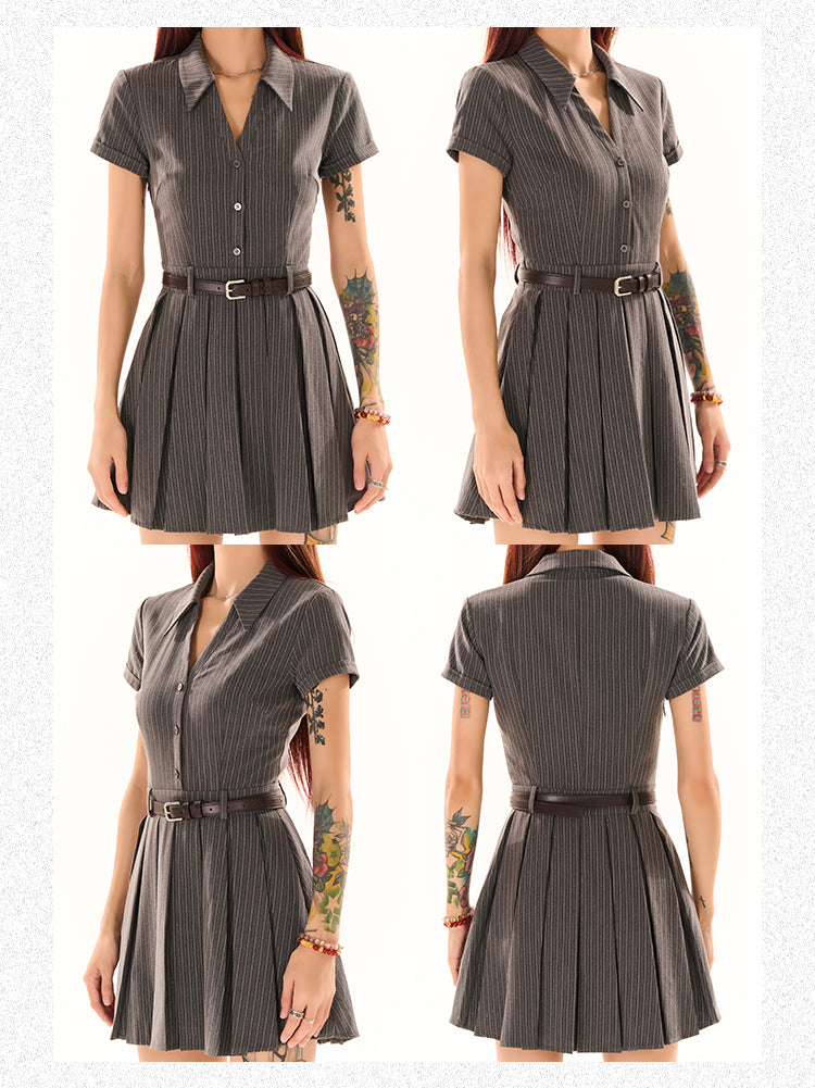 Zllkl Nessa Striped V-Neck Short Sleeve A-Line Waist Belt Pleated Mini Dress
