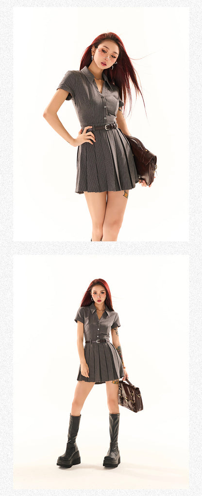 Zllkl Nessa Striped V-Neck Short Sleeve A-Line Waist Belt Pleated Mini Dress