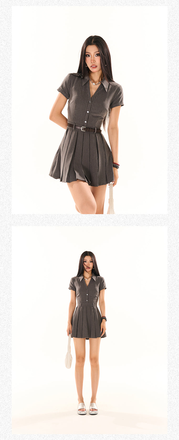 Zllkl Nessa Striped V-Neck Short Sleeve A-Line Waist Belt Pleated Mini Dress