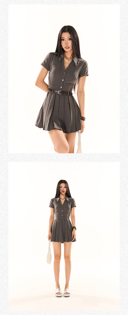 Zllkl Nessa Striped V-Neck Short Sleeve A-Line Waist Belt Pleated Mini Dress