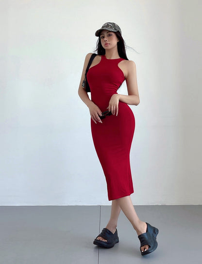 Zllkl Kim Solid Color Halter Neck Sleeveless Slim Long Dress