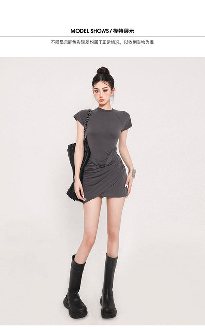 Zllkl Amaris Solid Color Casual Slim Short Sleeve Openwork Layered Mini Dress