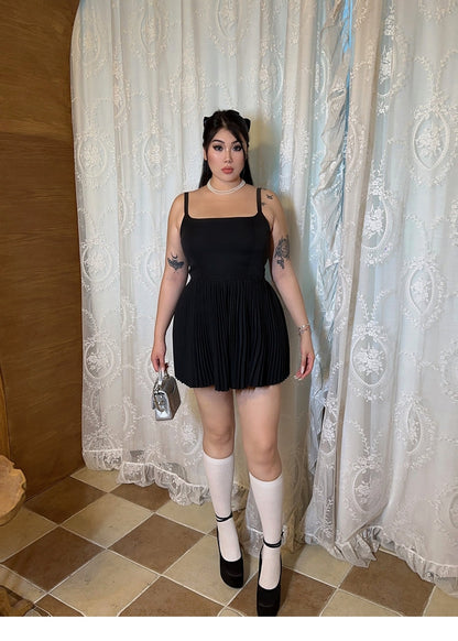 Zllkl Lora Plus Size Solid Color Black Slim Spaghetti Strap Bandeau Pleated Mini Dress