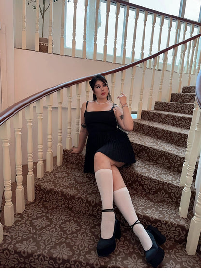 Zllkl Lora Plus Size Solid Color Black Slim Spaghetti Strap Bandeau Pleated Mini Dress