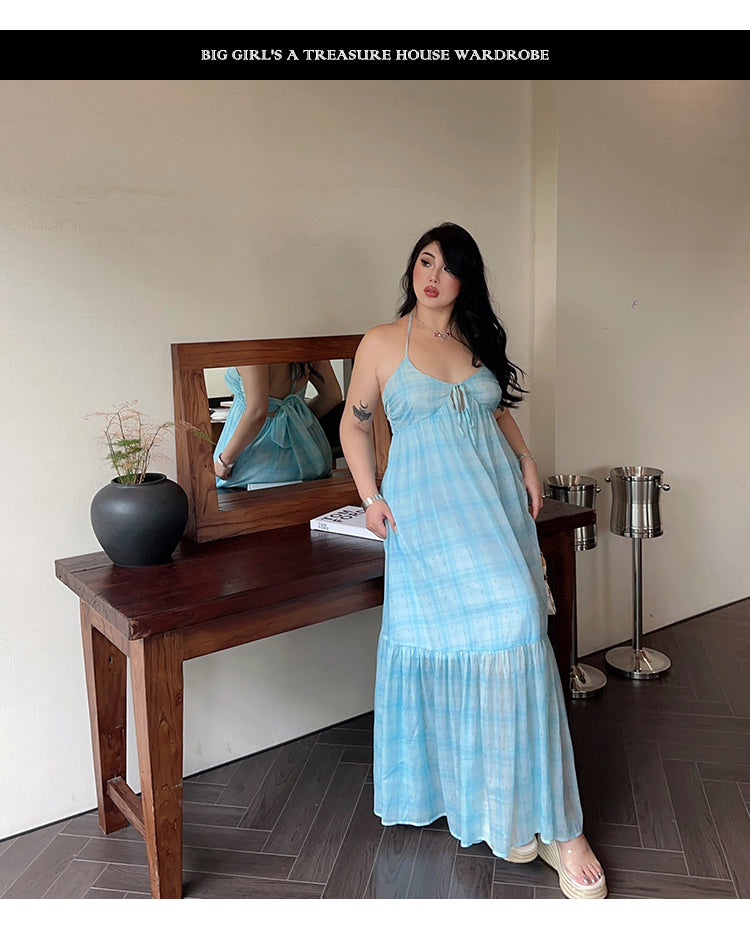 Zllkl Clara Plus Size Plaid Mint Green French V-Neck Slip Spaghetti Strap Long Dress
